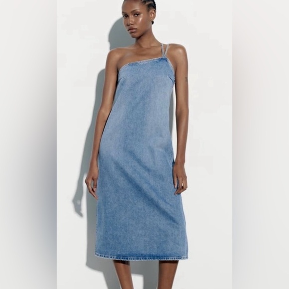 Zara Dresses & Skirts - Asymmetrical denim midi denim  dress with straps.